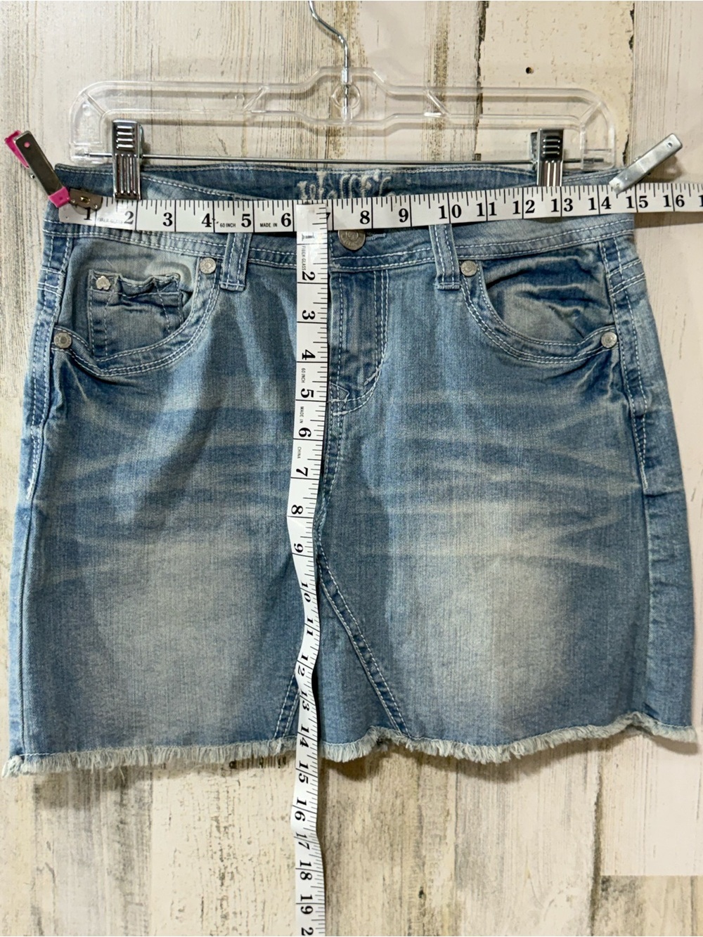 Wallflower Light Blue Washed Denim Mini Skirt with Frayed Hem - Picture 4 of 9